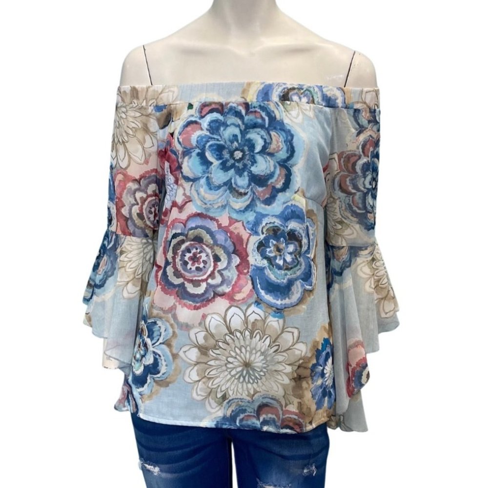 La Pateau Off The Shoulder Long Sleeve Floral Top Blue Size Small NWT